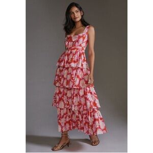 Anthropologie Vineet Bahl Tiered Ruffle Maxi Dress 12 HTF Floral Pink